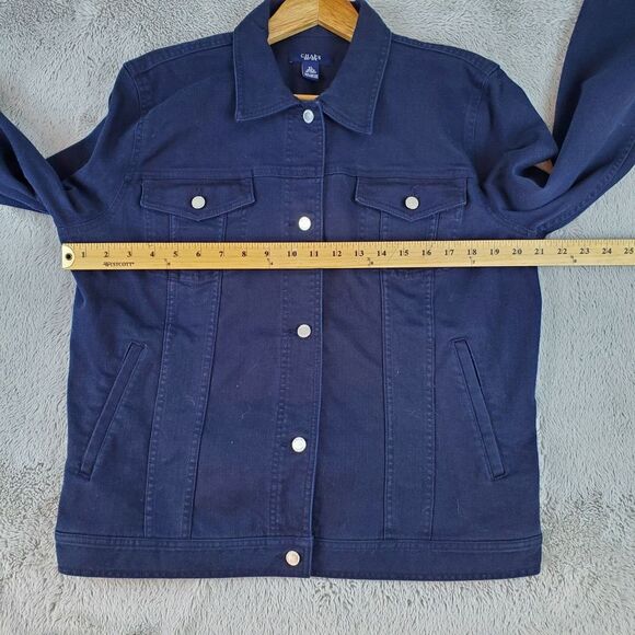 Chaps Denim Jacket Women XL Navy Blue Trucker Style Harrington Button Front Coat - Picture 8 of 10